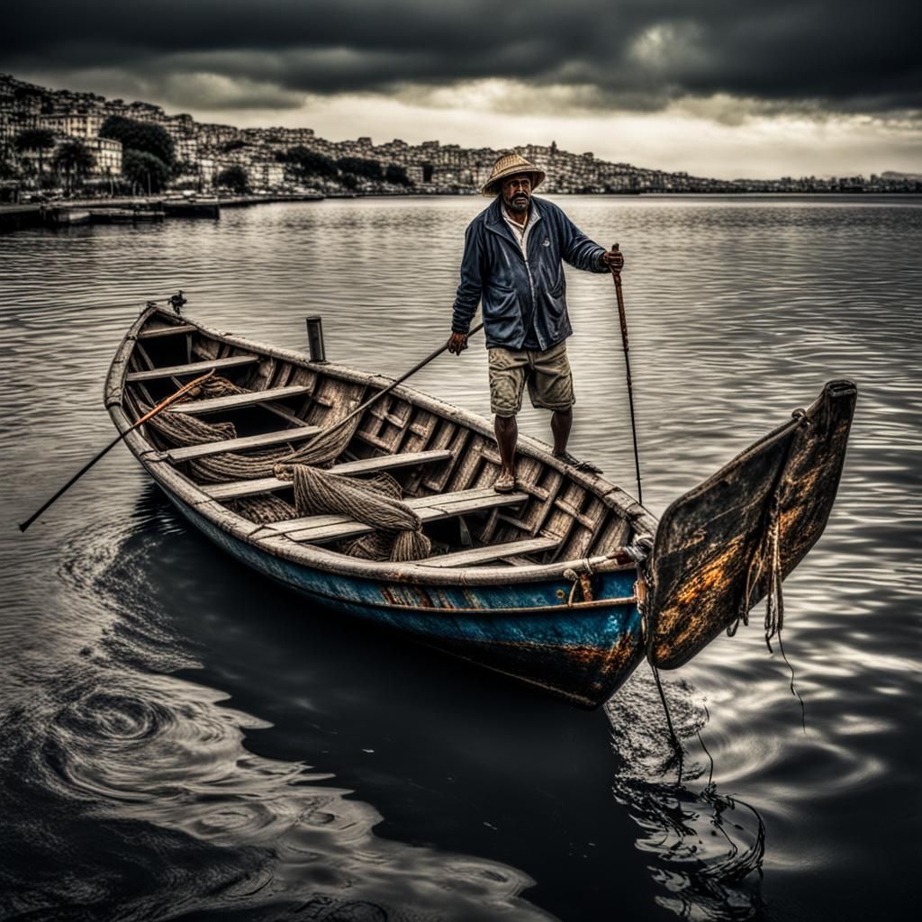 Fisherman on Boat Fishing: Hyperrealistic Detailed Image
