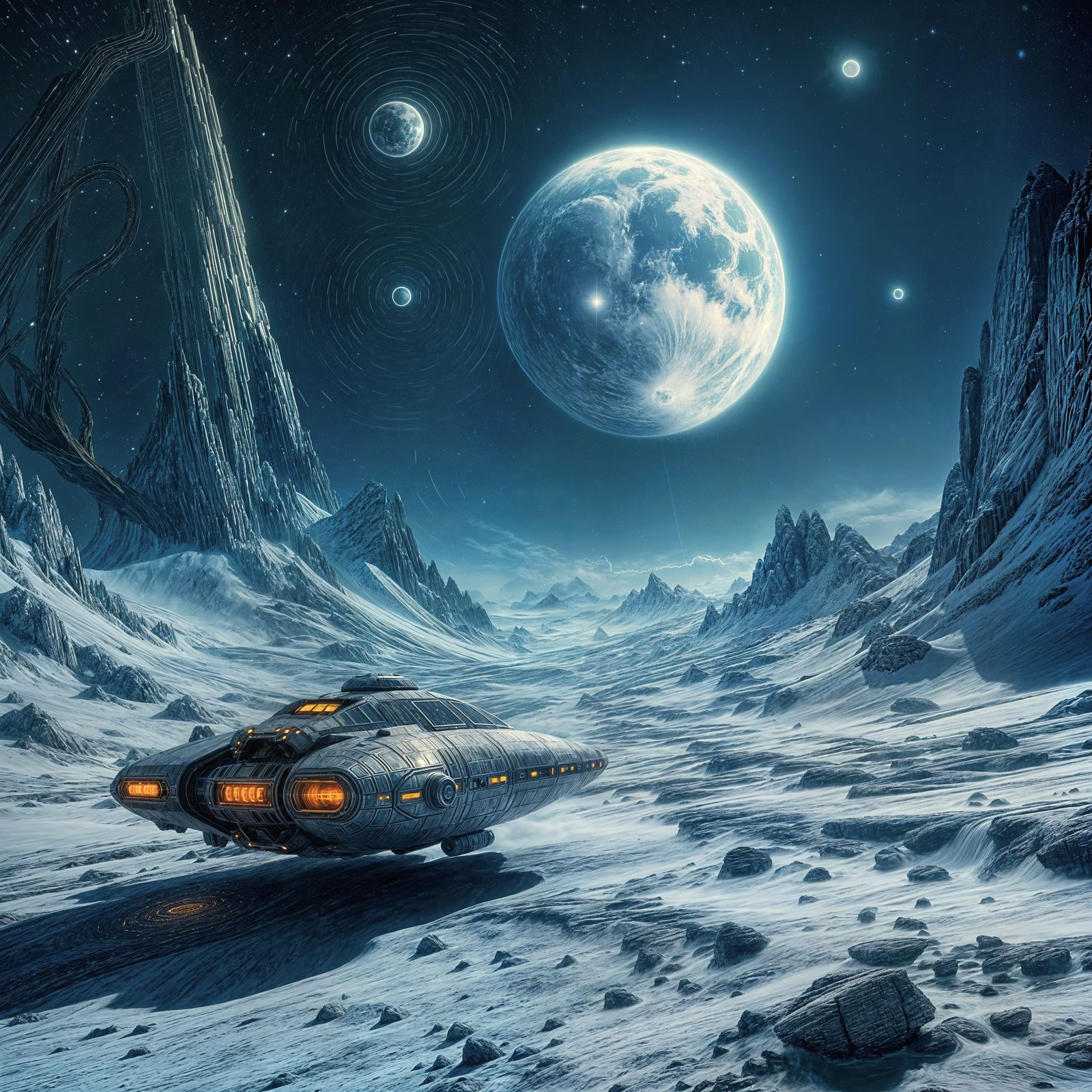 Sci-Fi Space Cargo with Blinking Moons and Data Storms