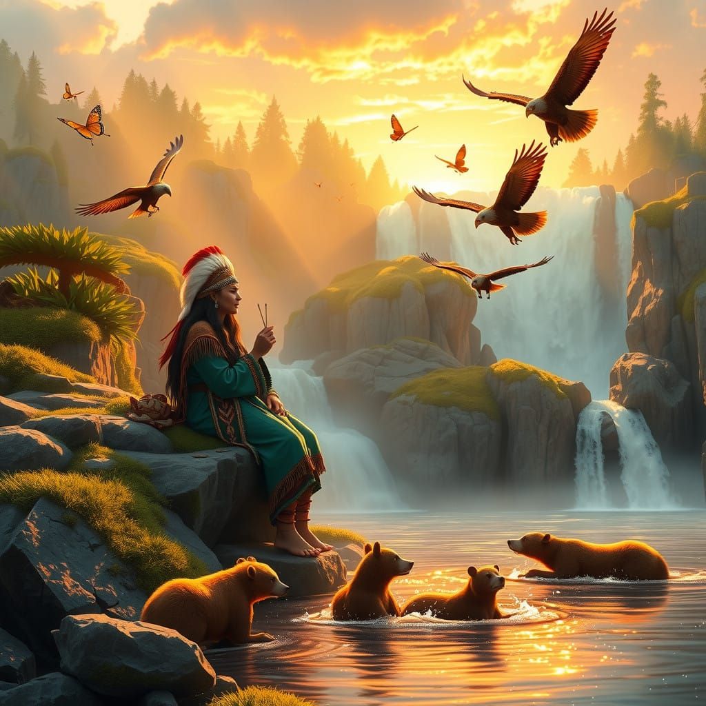 Native Americans Bask in Serene Waterfall Scene