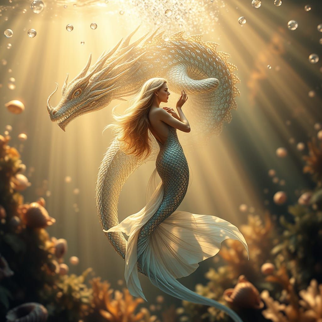 Ethereal Mermaid and Sea-Dragon in Iridescent Splendor