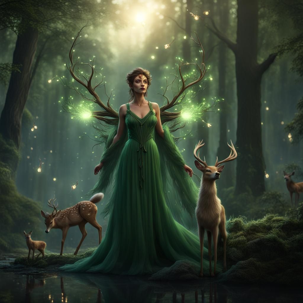 Forest Sprite with Deer and Fireflies in Fantasy Art