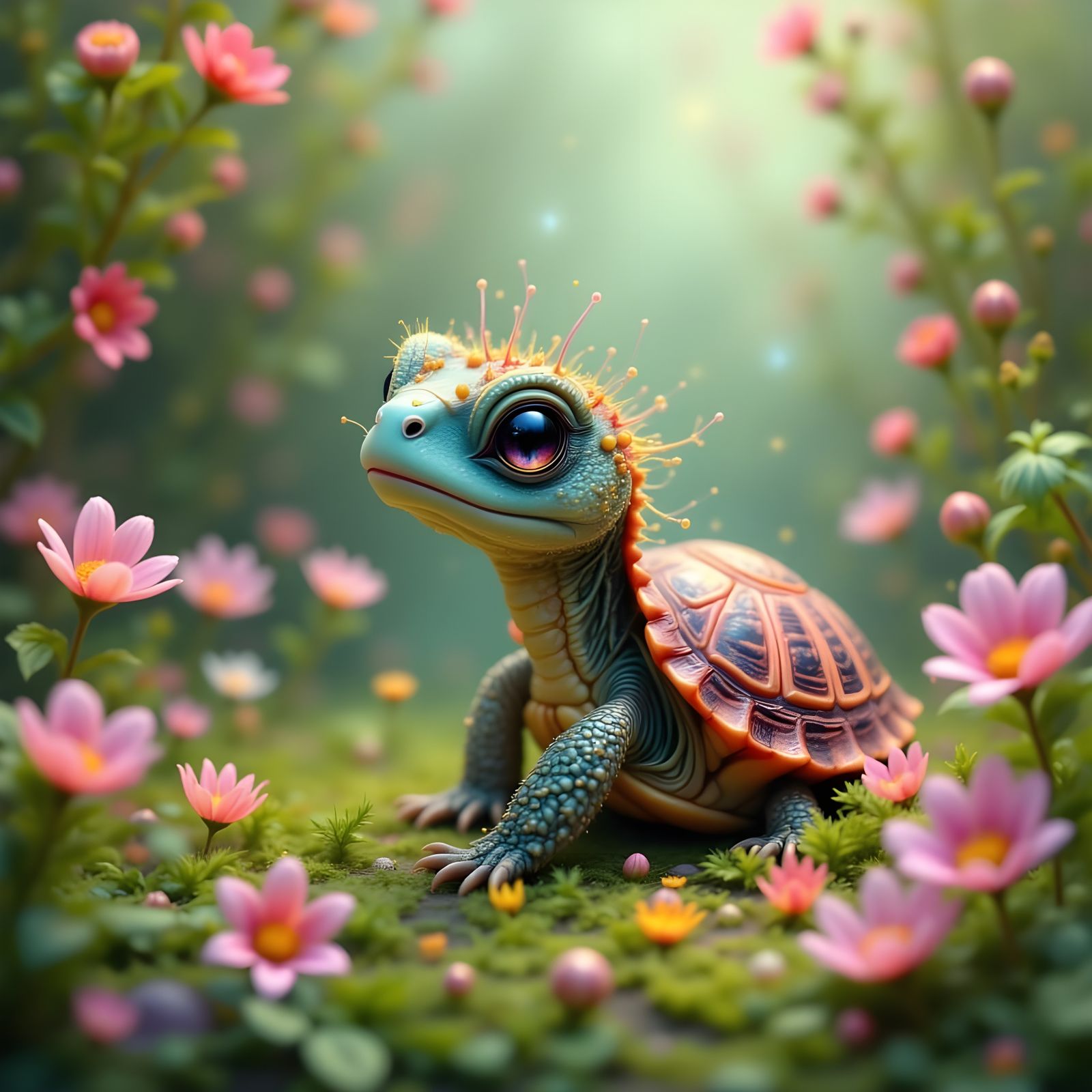 Whimsical Turtle in Vibrant Floral Wonderland
