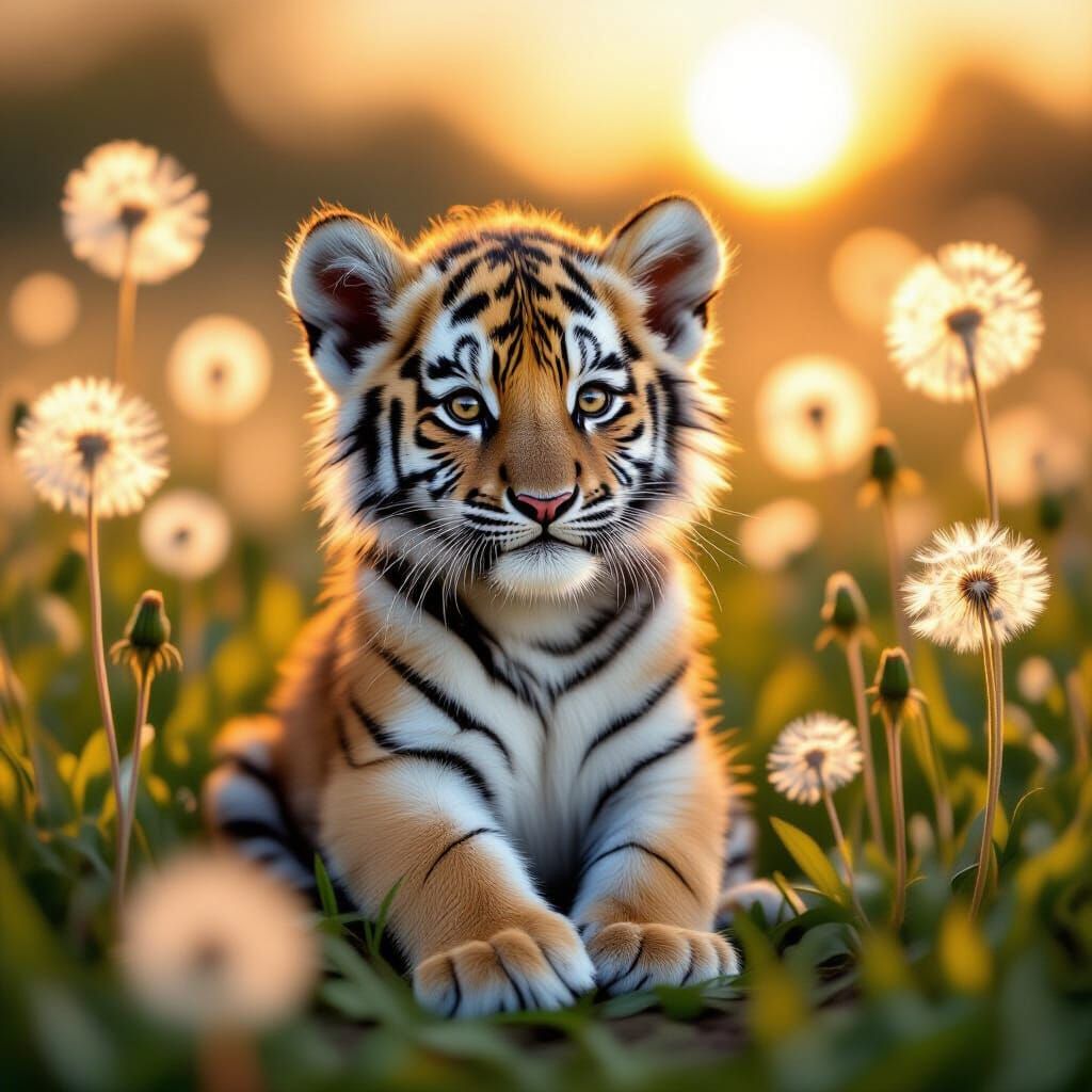 Elegant Tiger Cub in Glowing Dandelion Field