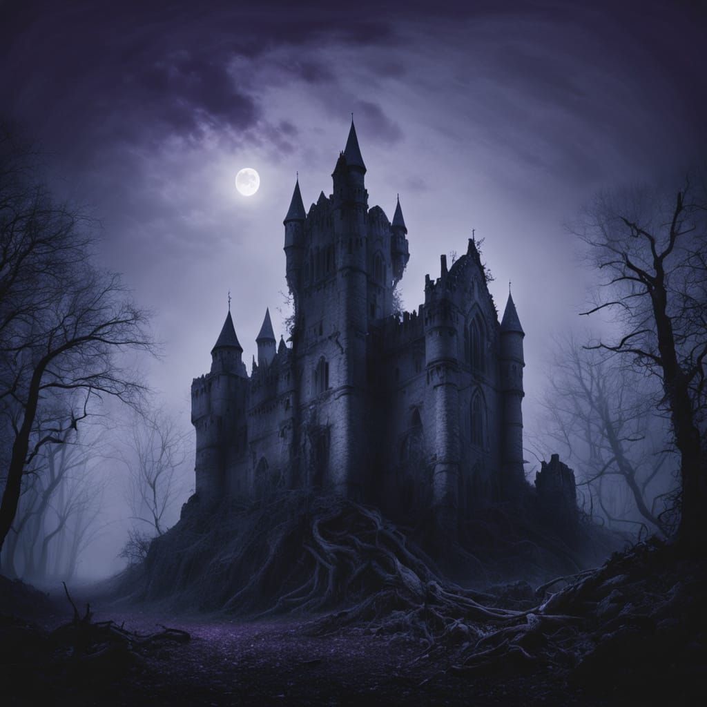 Misty Gothic Castle Ruins in Dark Romantic Style