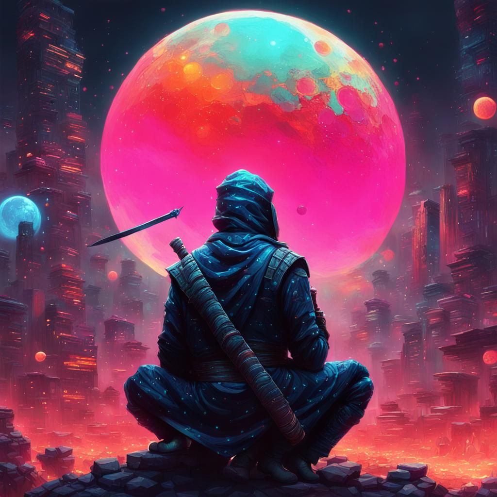 Melancholic Ninja Watches Eclipse in Glitch Neon Colors