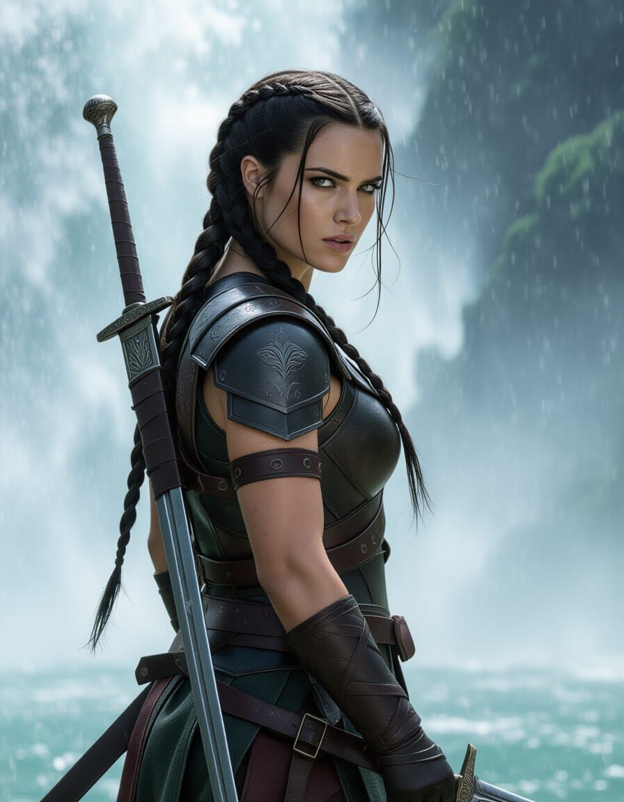 Female Warrior at Waterfall with Sword