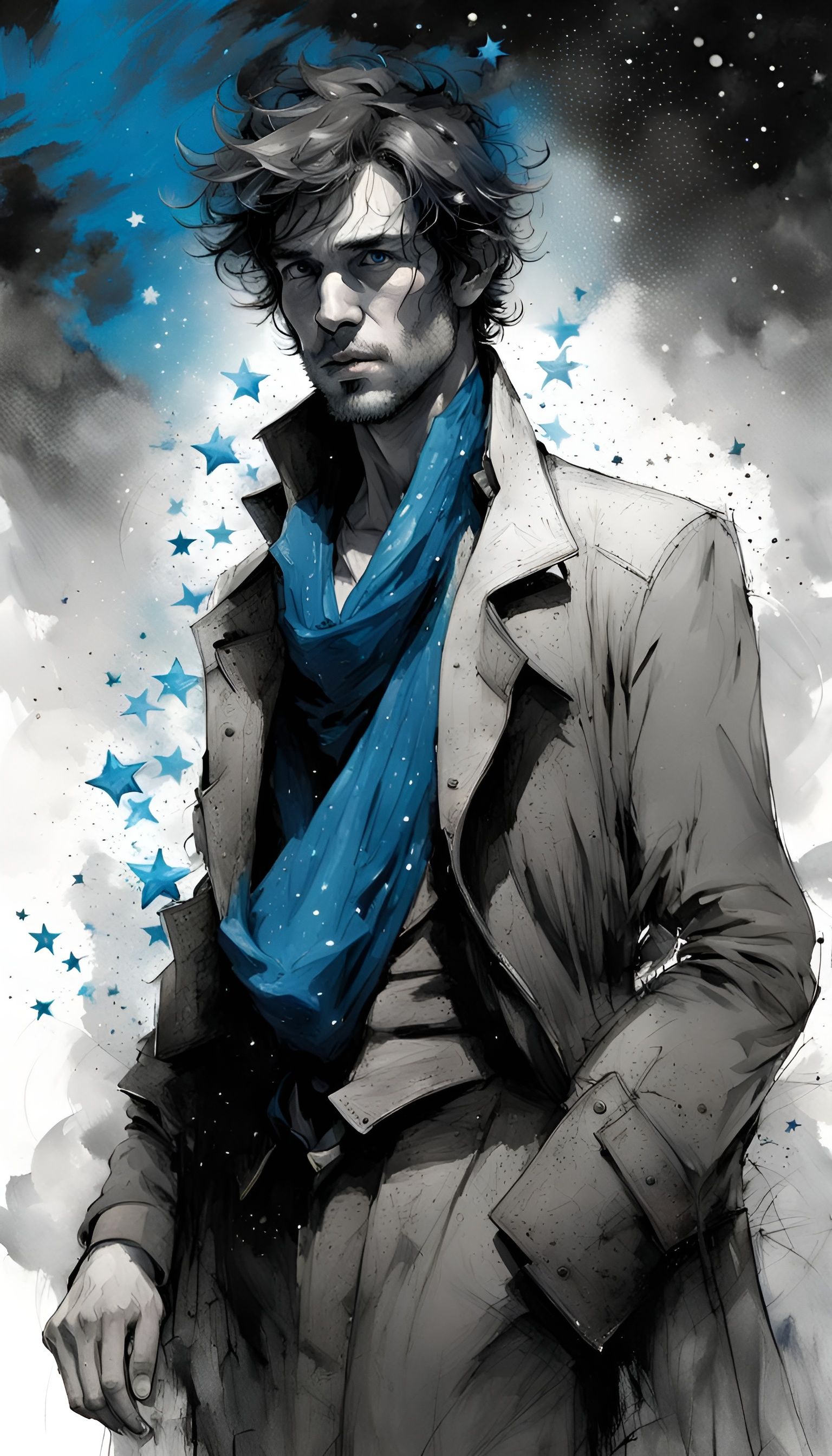 Dramatic Ink Drawing of Man with Silk and Stars