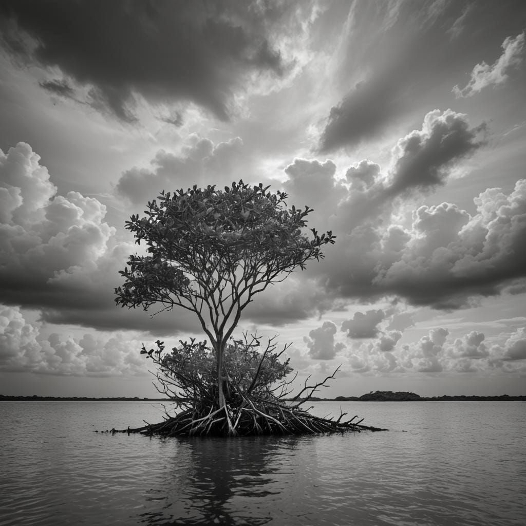 Monochrome Mangrove Island Under Cloudy Skies