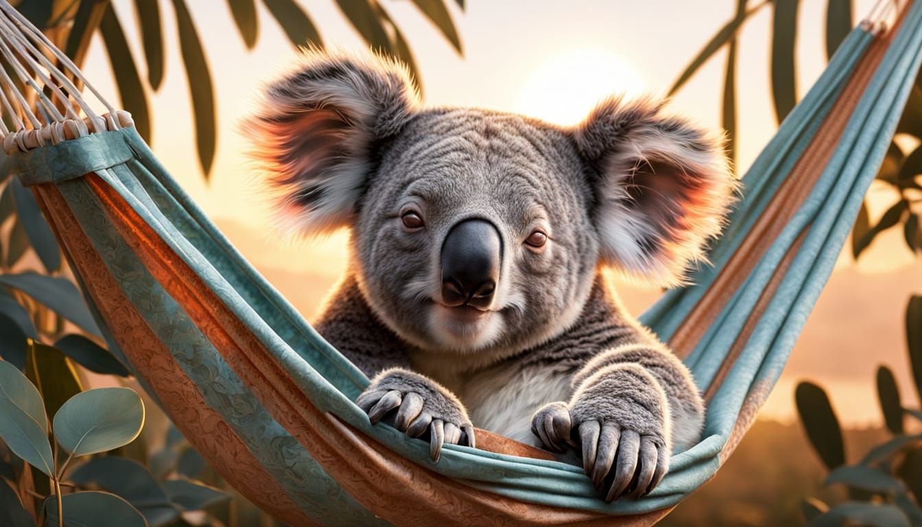 Sleepy Koala in Eucalyptus Hammock with Pastel Sunset