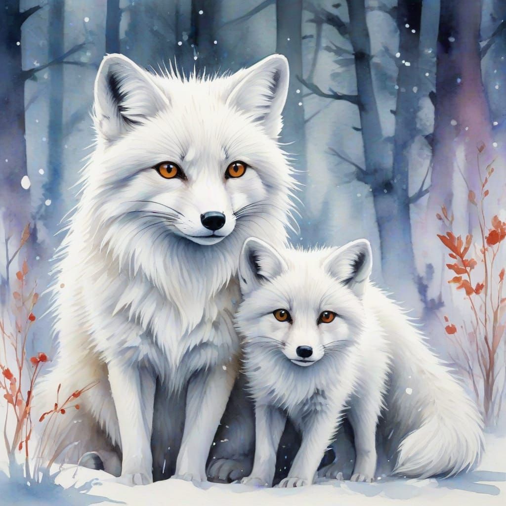 Arctic Fox Family in Winter Wonderland: Watercolor Art