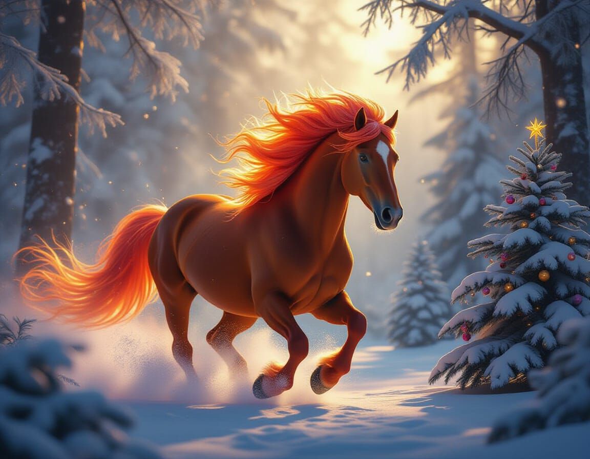 Fiery Horse Gallops Through Misty Fantasy Forest