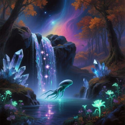 Cosmic Starlight Waterfall in Alien Forest