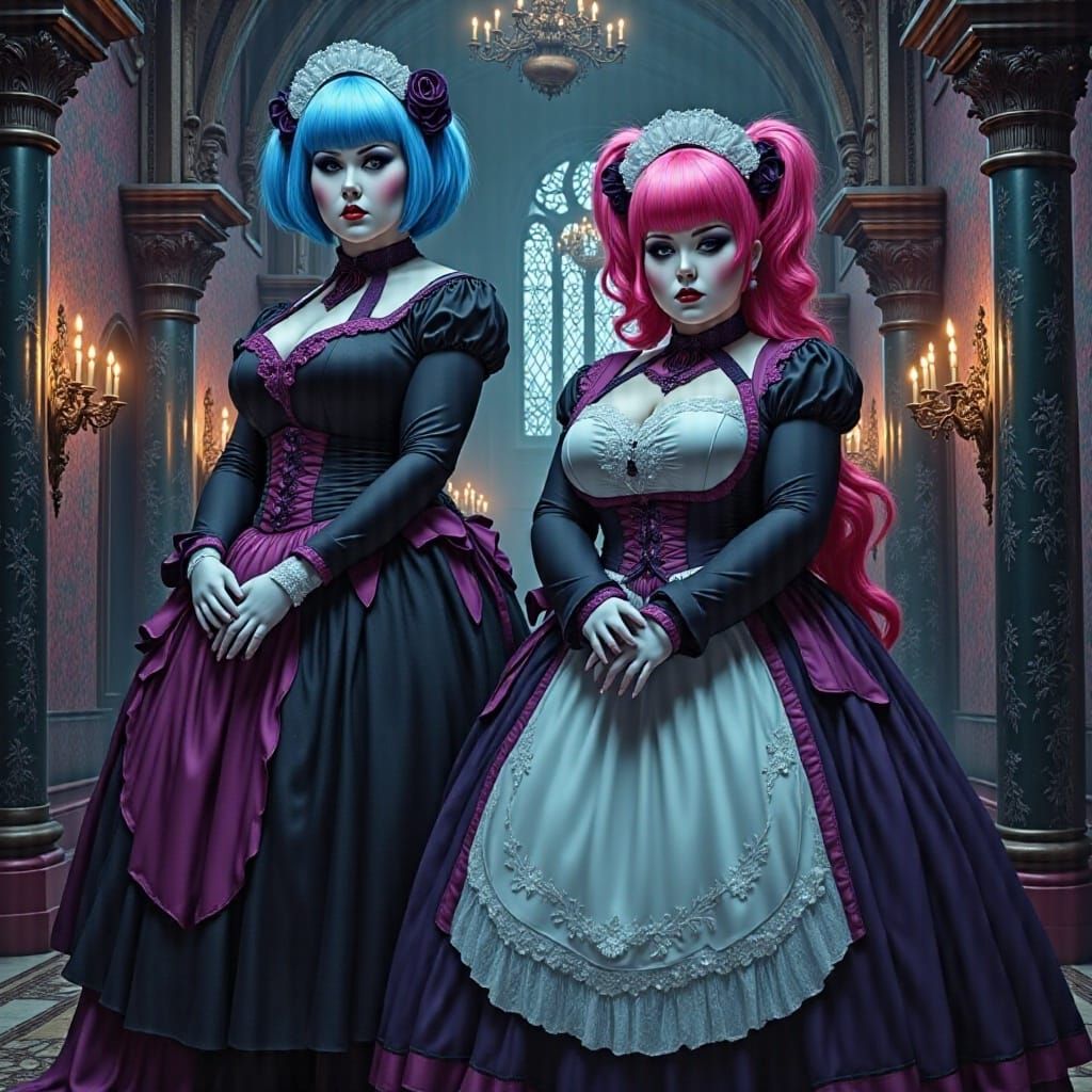 Anime Girls Ram and Rem in Gothic Hallway