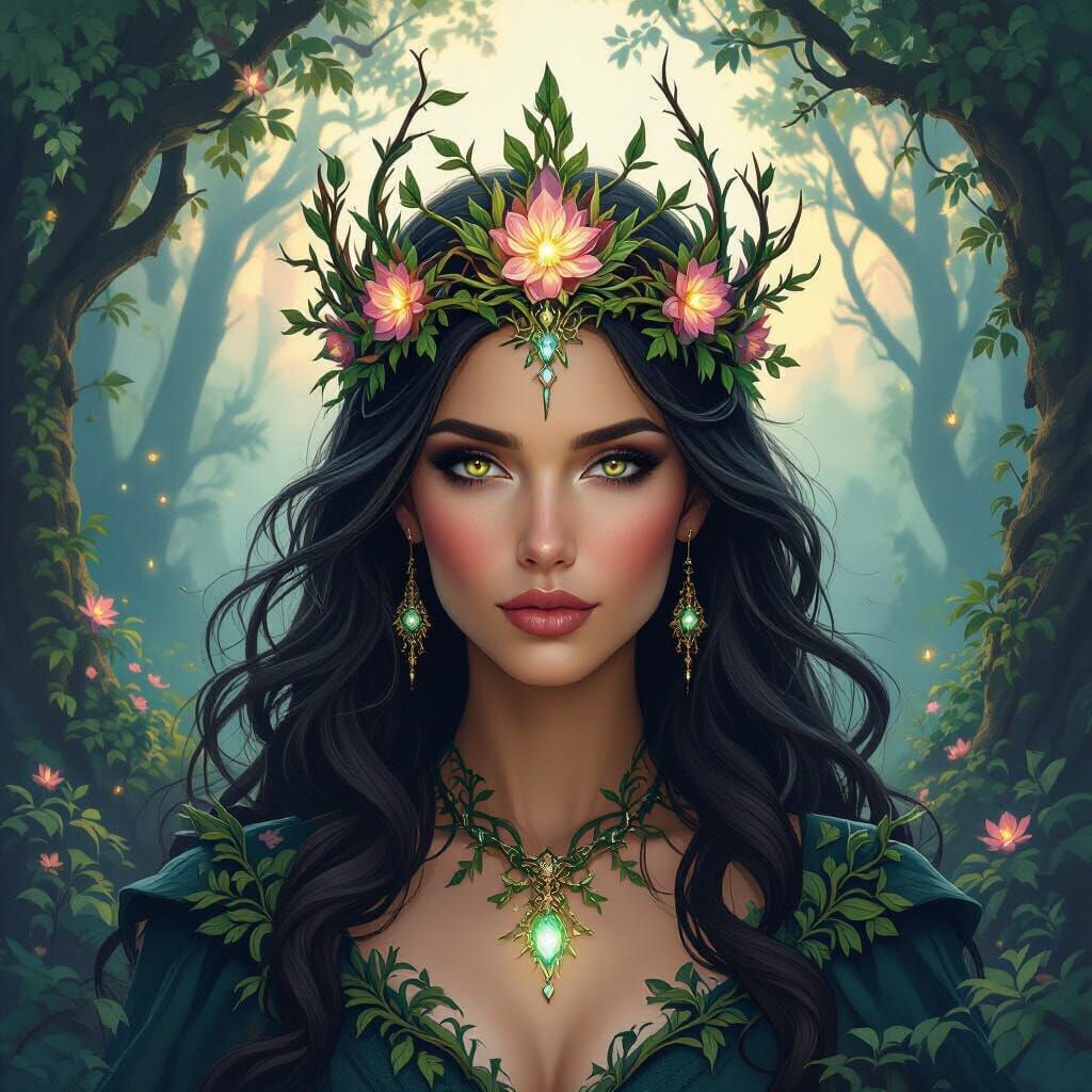 Mystical Forest Sorceress Queen in Painterly Style