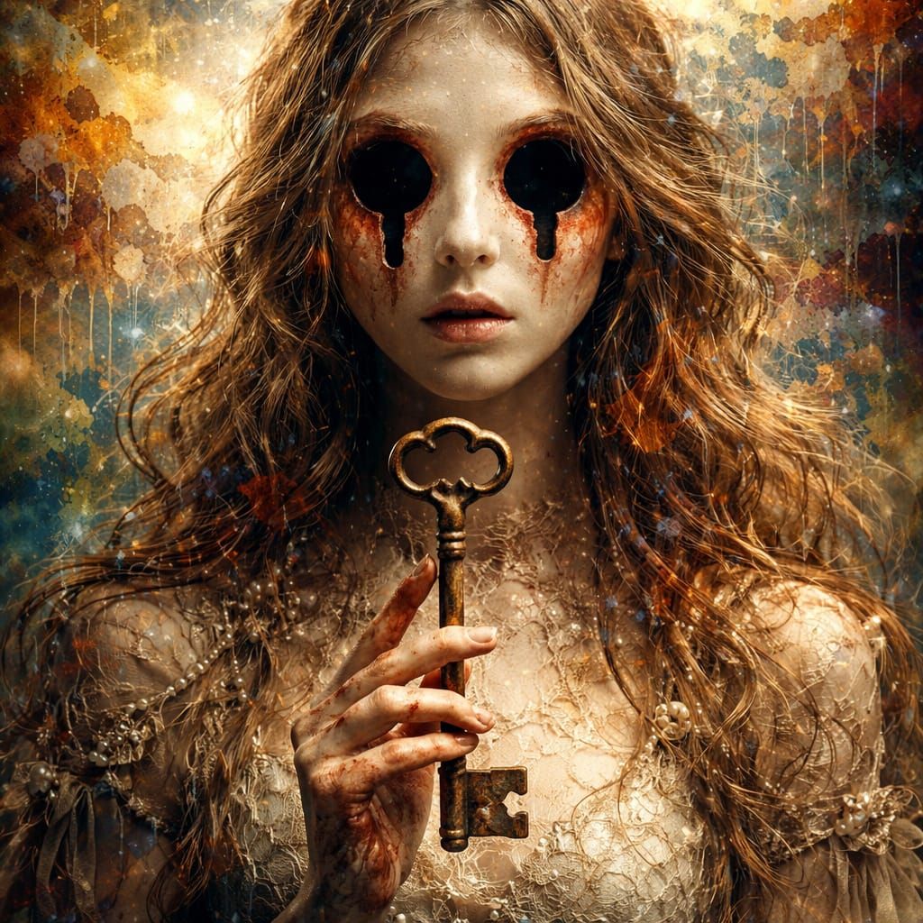 Eyeless Girl With Keyhole Sockets Holding Rusty Key