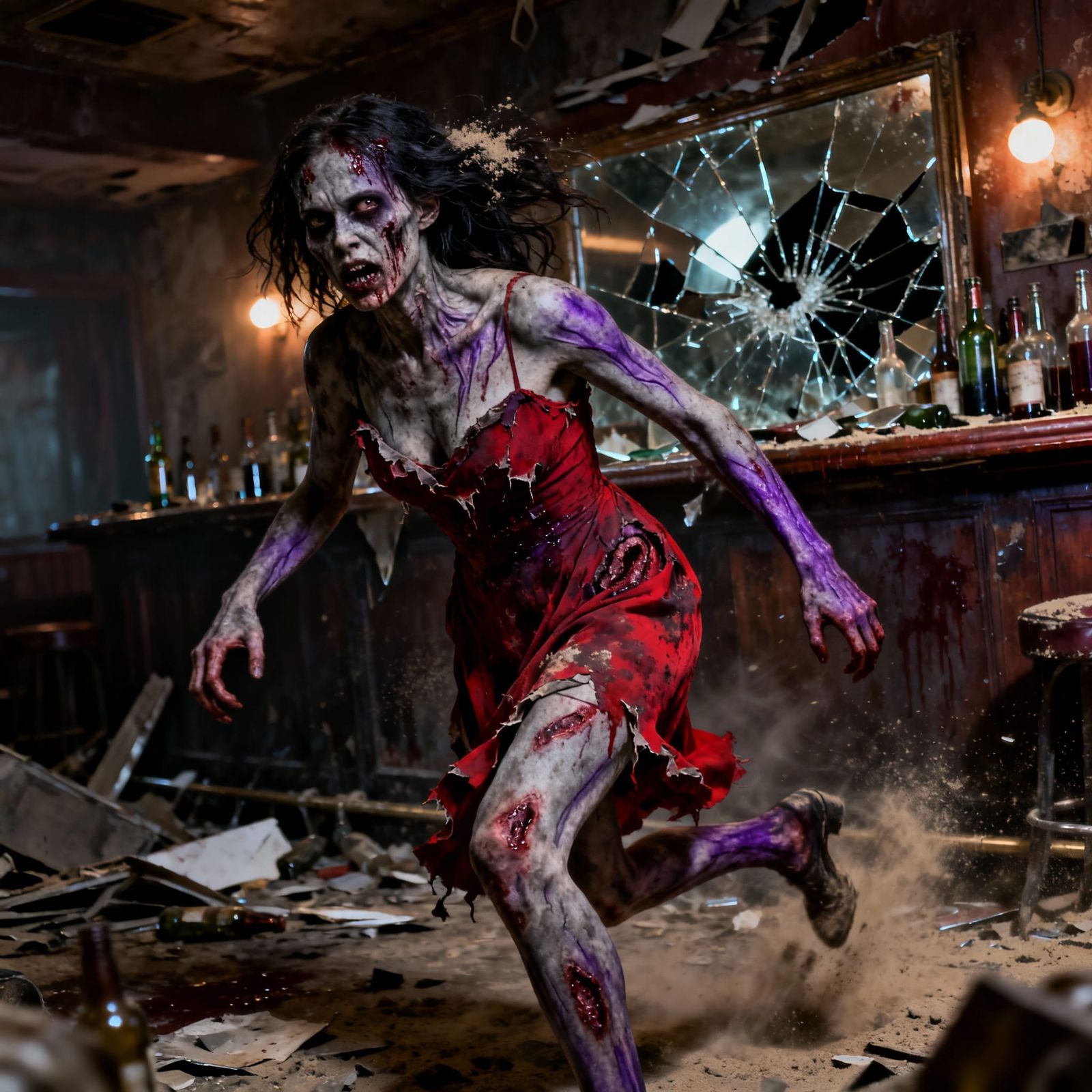 Zombie Woman in Torn Dress Amidst Apocalypse