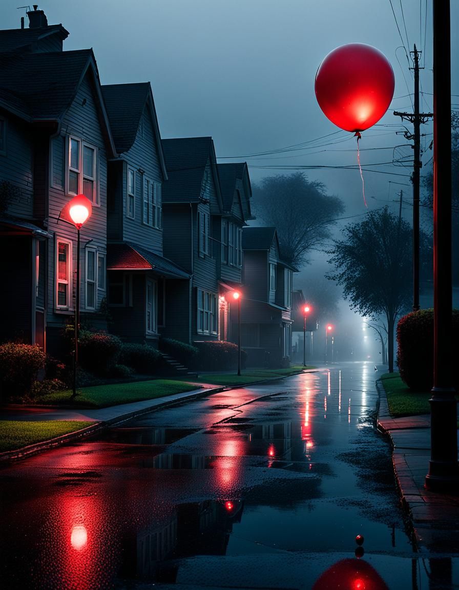 Red Balloon in Dystopian, Cinematic Lighting
