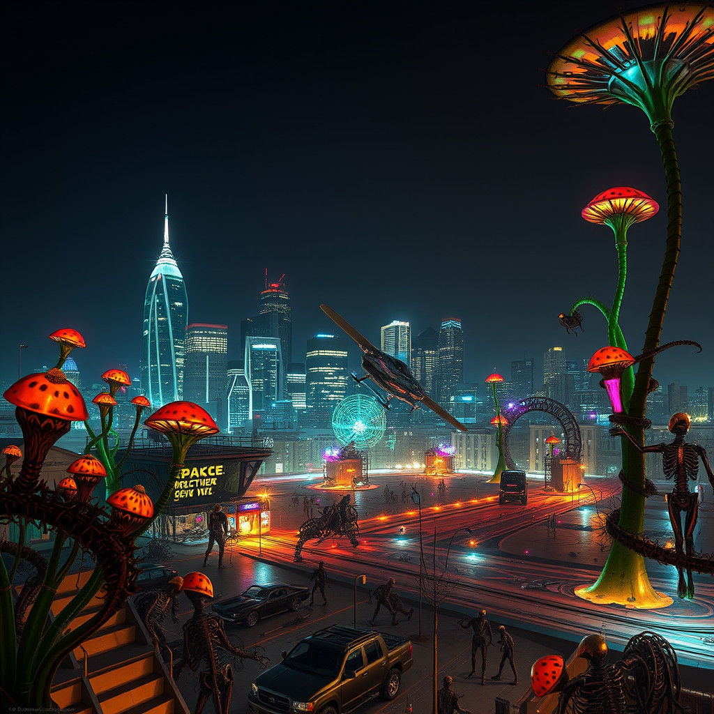 Dystopian Minneapolis Skyline: A Biomechanical Alien Invasio...