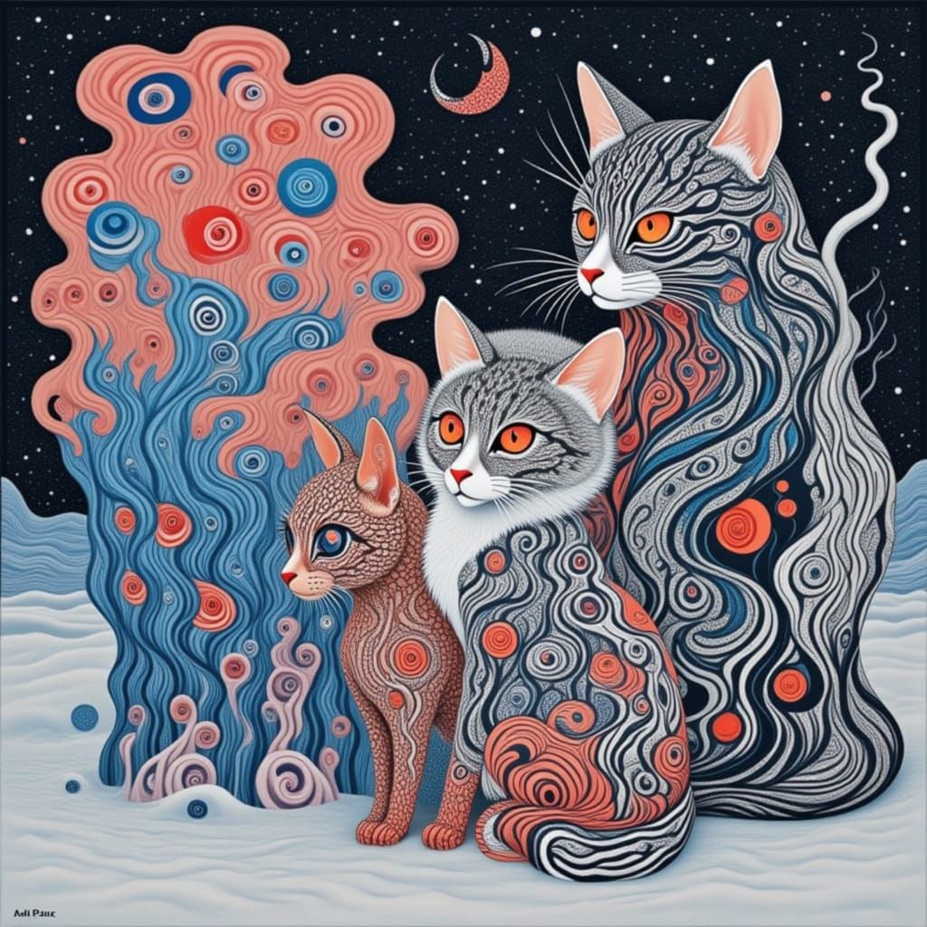 <lora:MARTIAN SWIRLS:1.0> <lora:CINNAMON SWIRLS:1.0> Cats in...