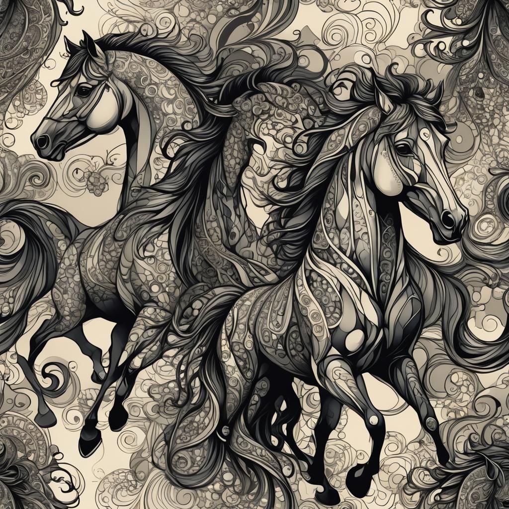 Abstract Ink Horses in Fractal Vector Style
