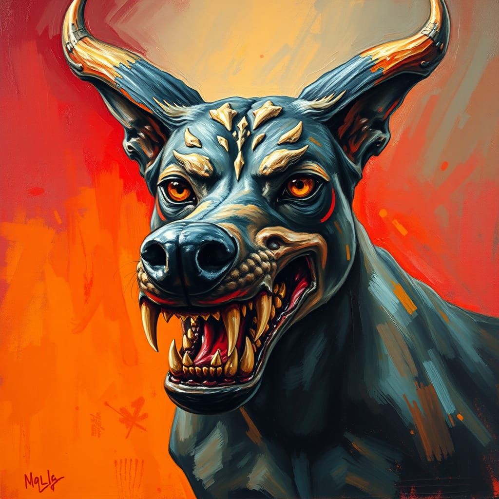 Fierce Hellhound with Horns, in Expressionist Style
