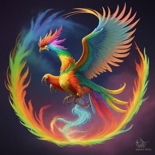 Rainbow Phoenix Soaring in Colorful Flight