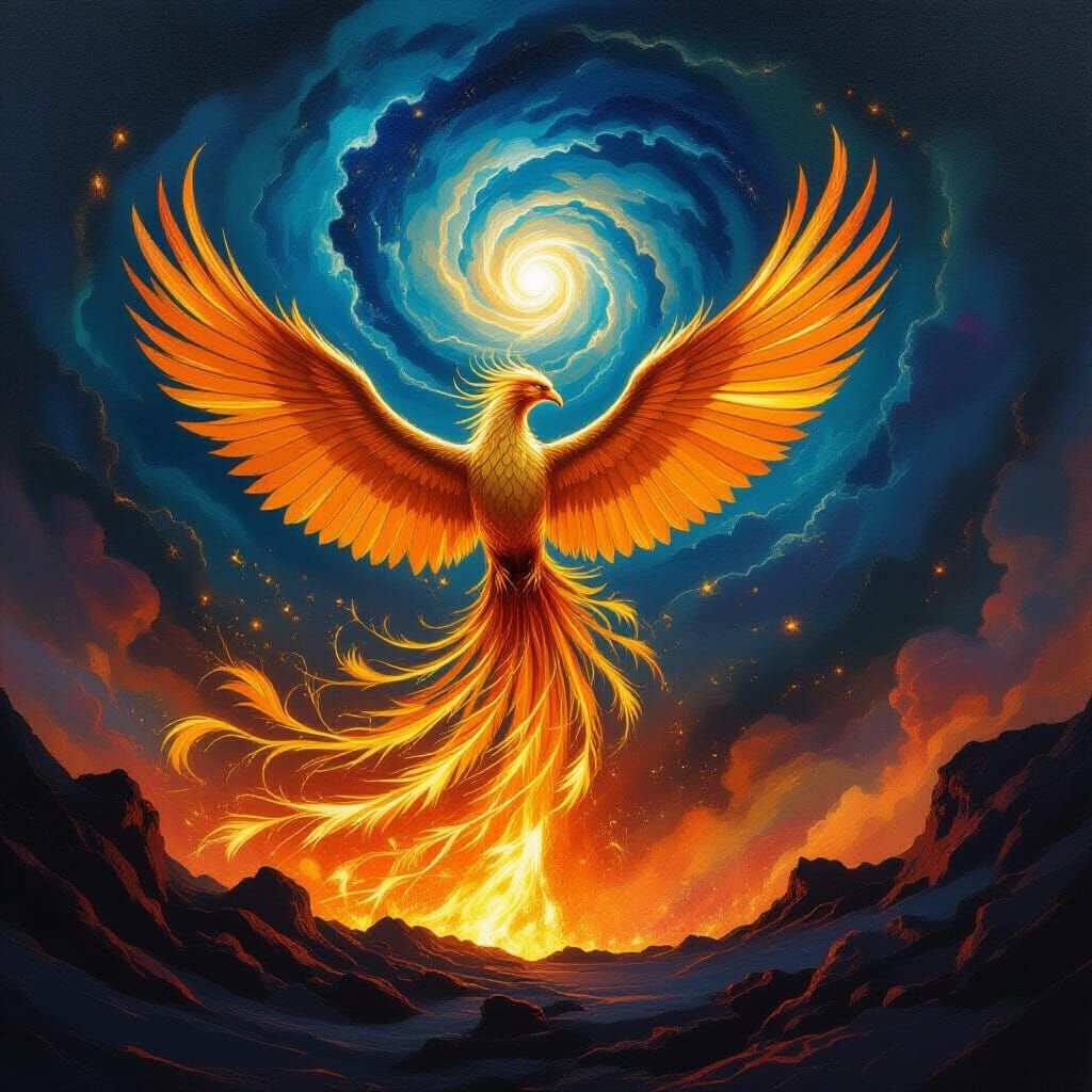 Golden Phoenix Erupts from Volcano Under Cosmic Sky