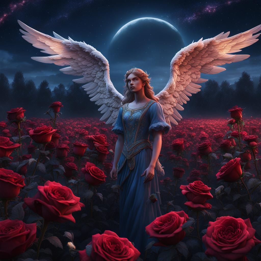 Angelic Figure in Rose Garden at Night