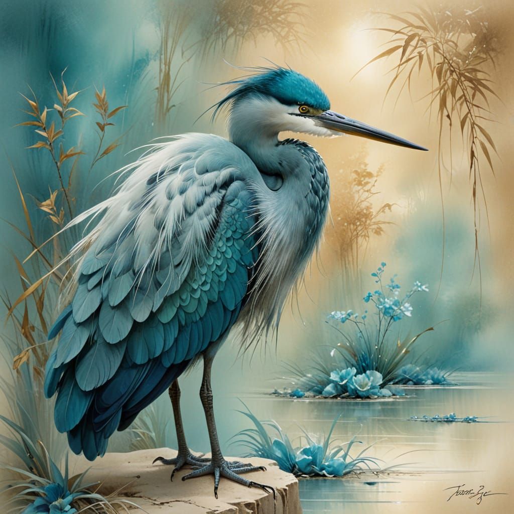 Turquoise Heron in Chinese Watercolor Landscape