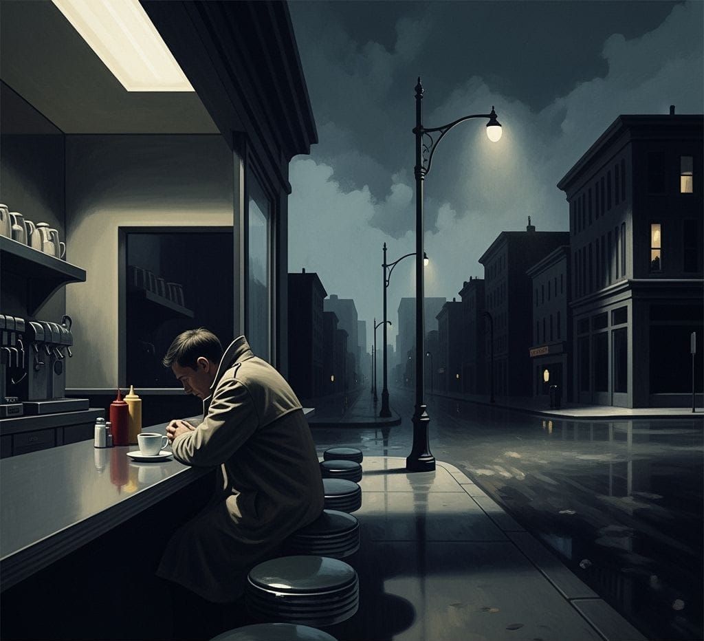 Grimdark Scene in Edward Hopper Style