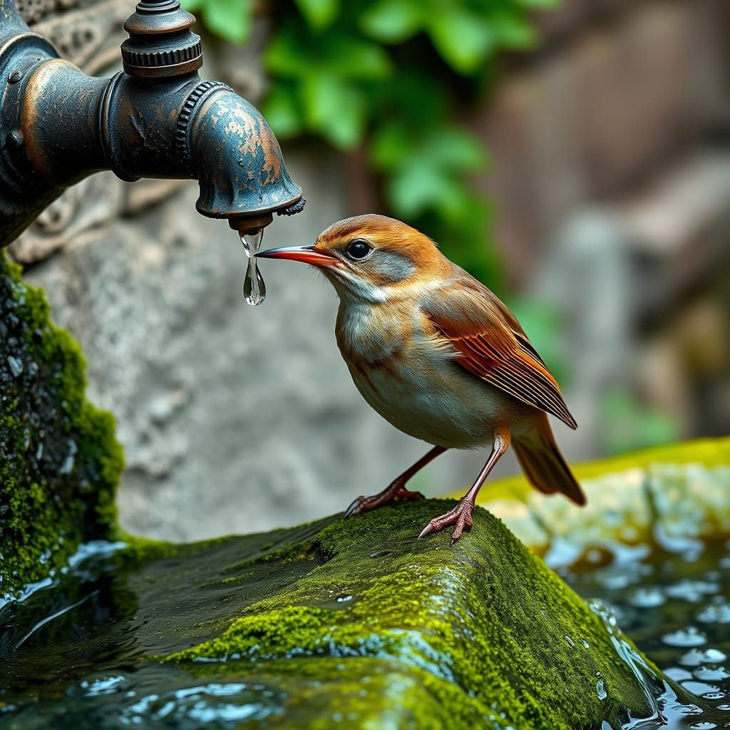 Photorealistic Wren Singing on Mossy Fountain