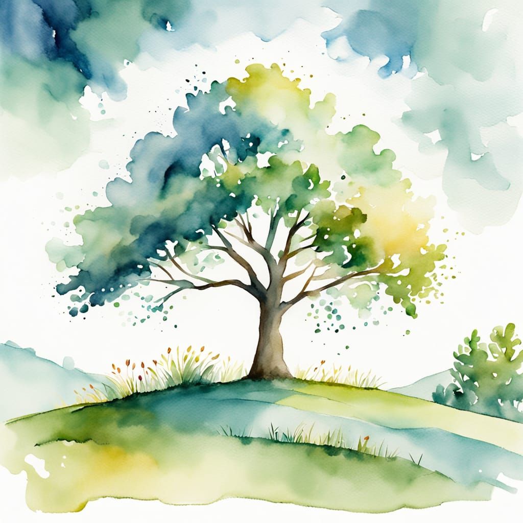 Whimsical Watercolor Tree Scene in Soft Earthy Tones
