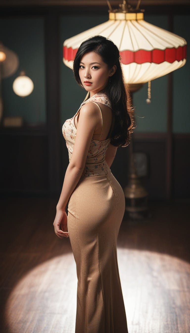 Elegant Japanese Pin-Up Beauty in Vintage Glamour