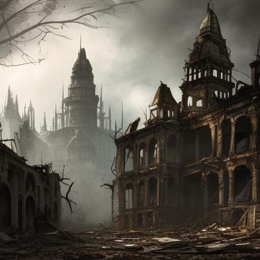 Post-Apocalyptic Derelict Buildings in Gloomy Landscape