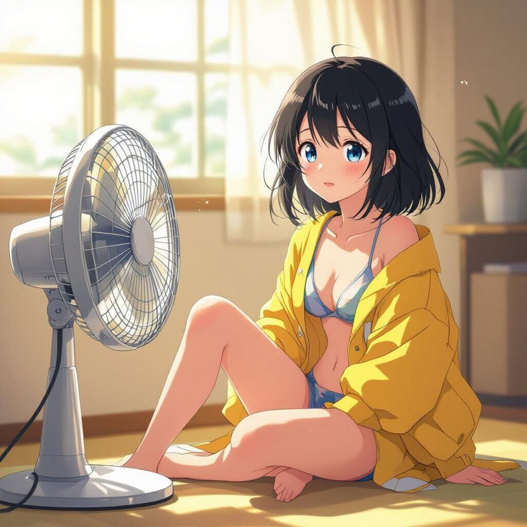 Anime Girl Cooling Off in Summer Room