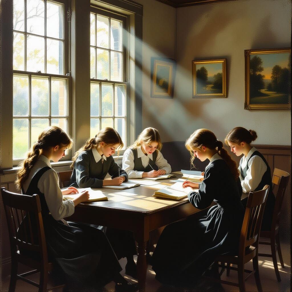 Nostalgic Schoolhouse Scene in Pre-Raphaelite Style
