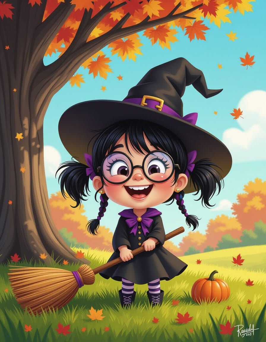 Quirky Little Girl Witch Laughing in Autumn Scene