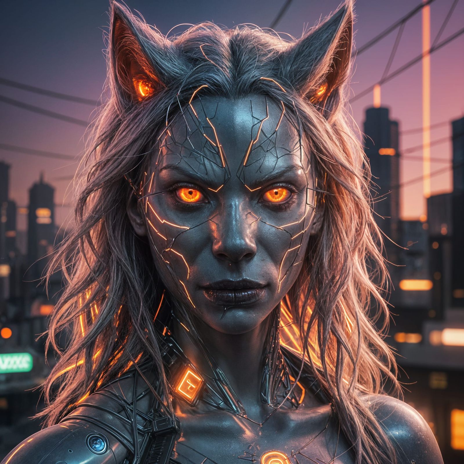 Neon Cybernetic Werewolf Portrait in Metallic Detail