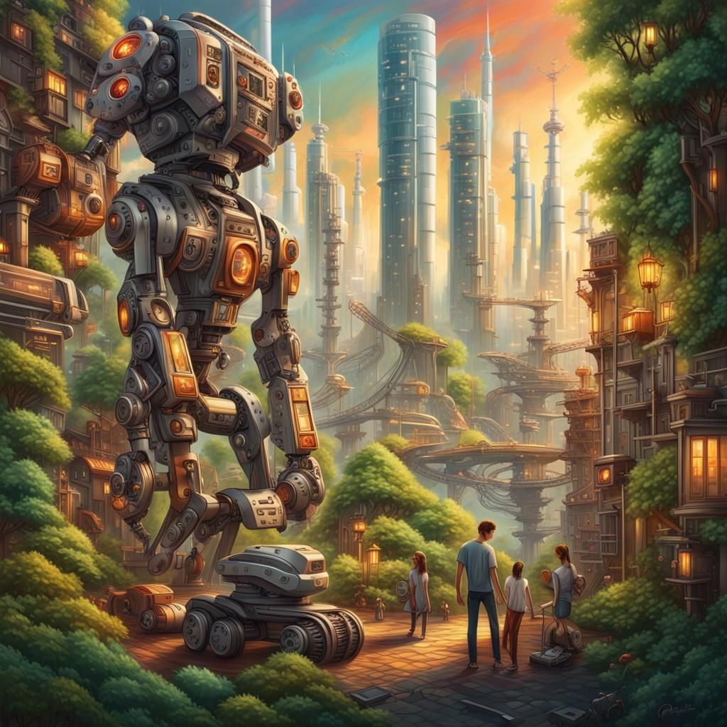 Harmonious Human-Robot Cityscape in Digital Art