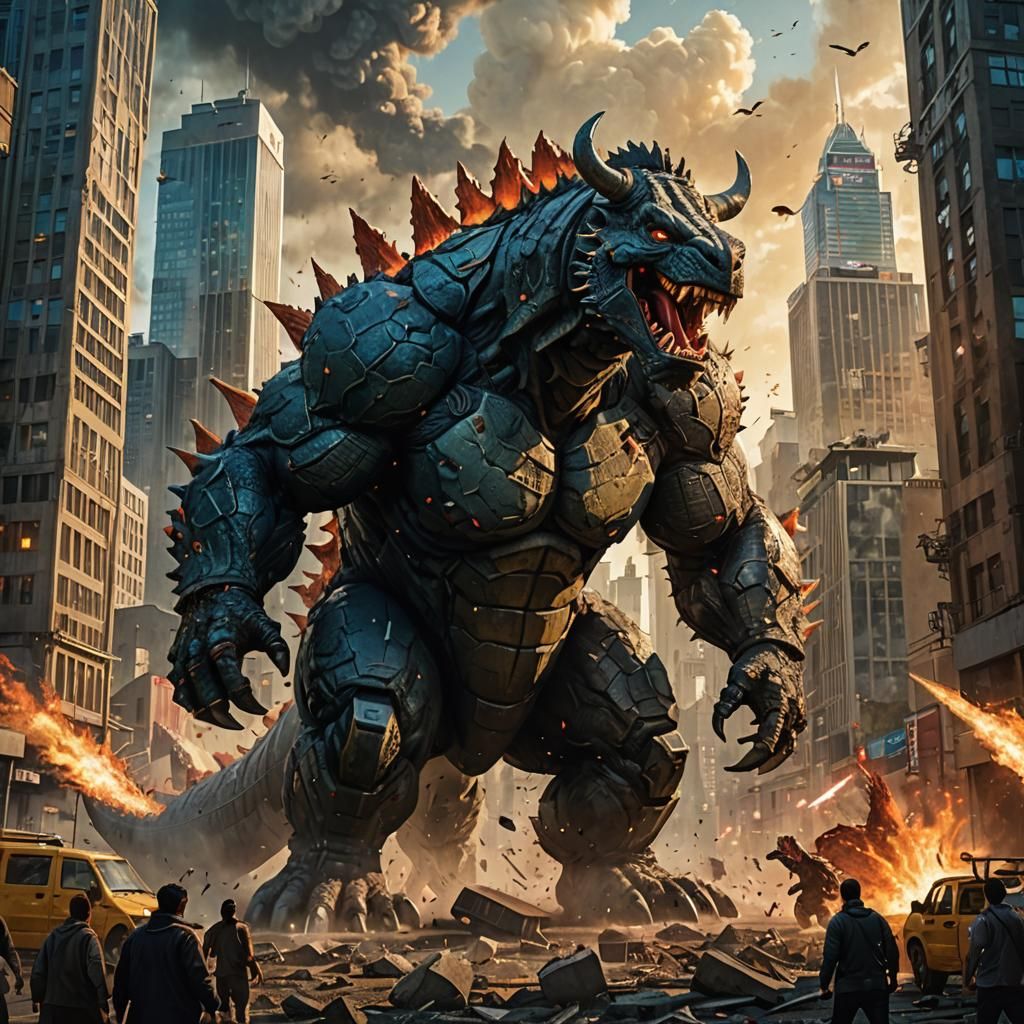 Rhino-Godzilla Hybrid Kaiju Smashing City in Sci-Fi Art