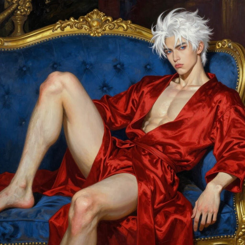 Sensual Asian Man in Silk Robes on Couch Oil Painting