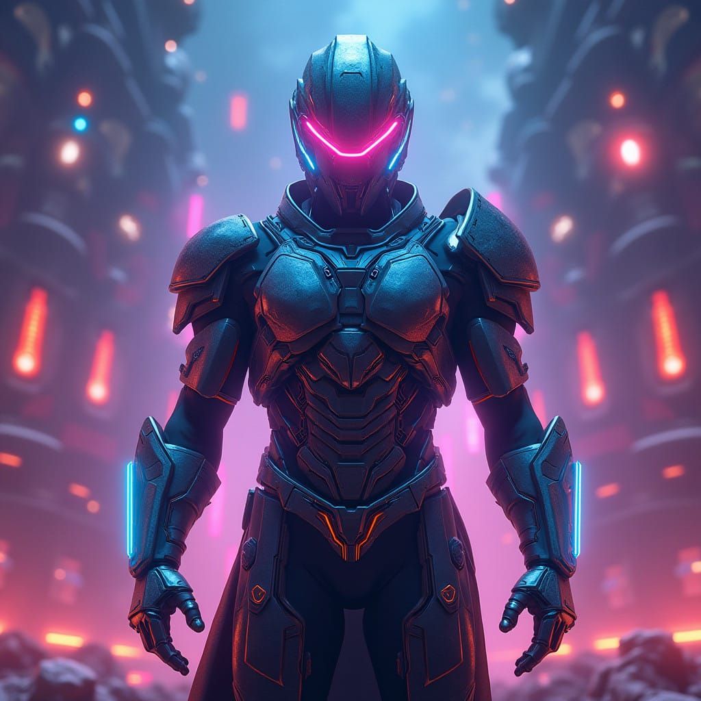 Futuristic Gladiator in Neon-Lit Sci-Fi Arena