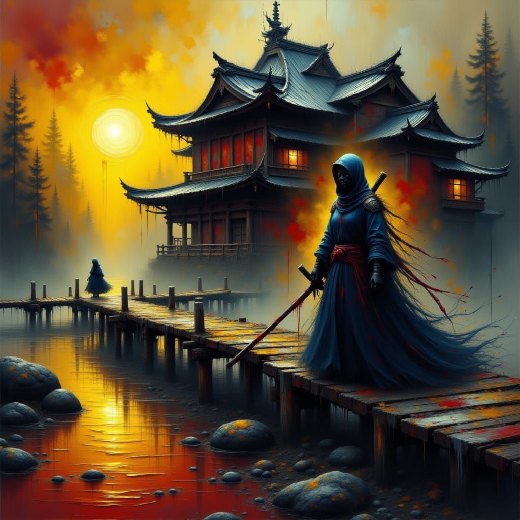 Masked Ninja Beside Red Torii Gate in Limited Colors