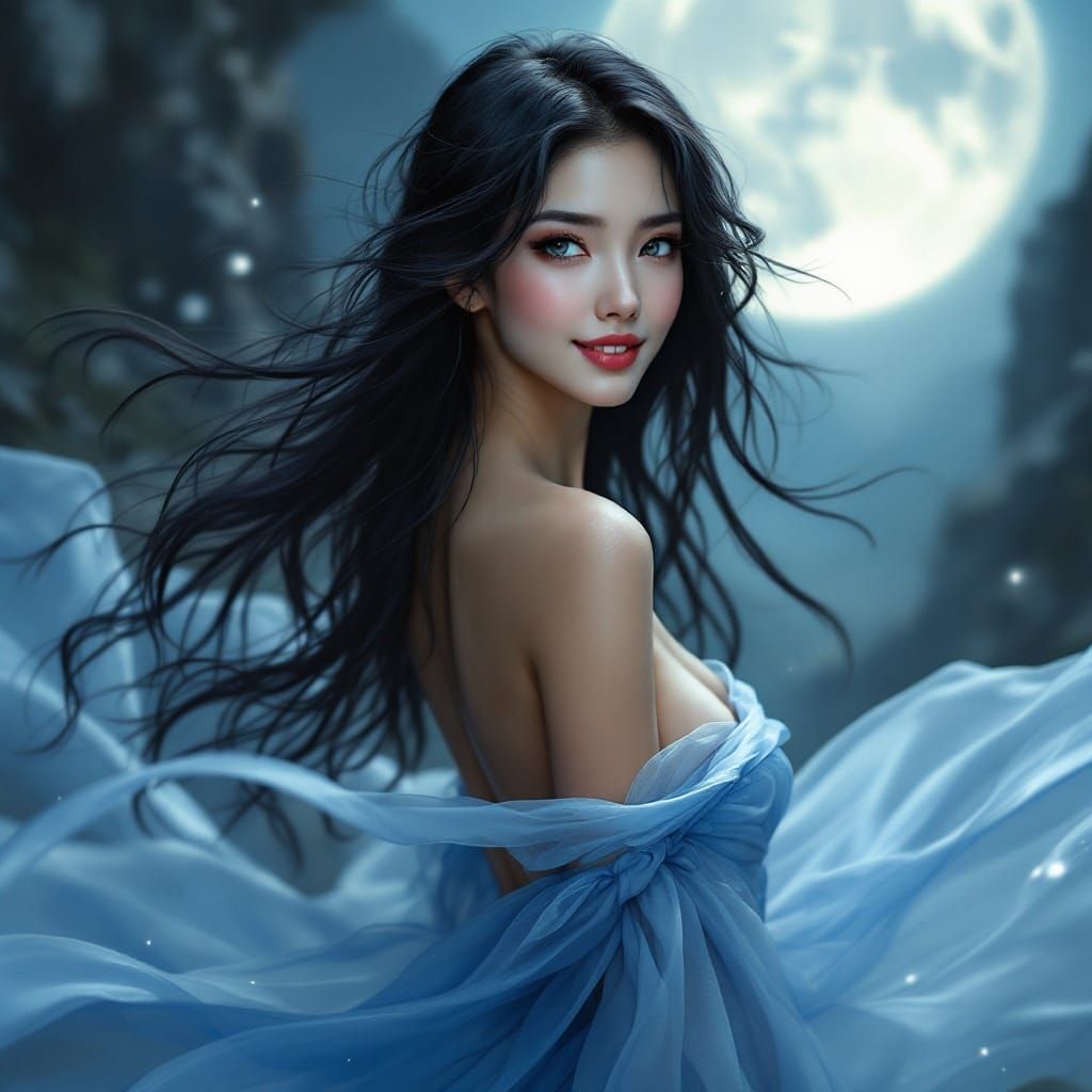 Ethereal Asian Goddess in Moonlight, Photographic Realism