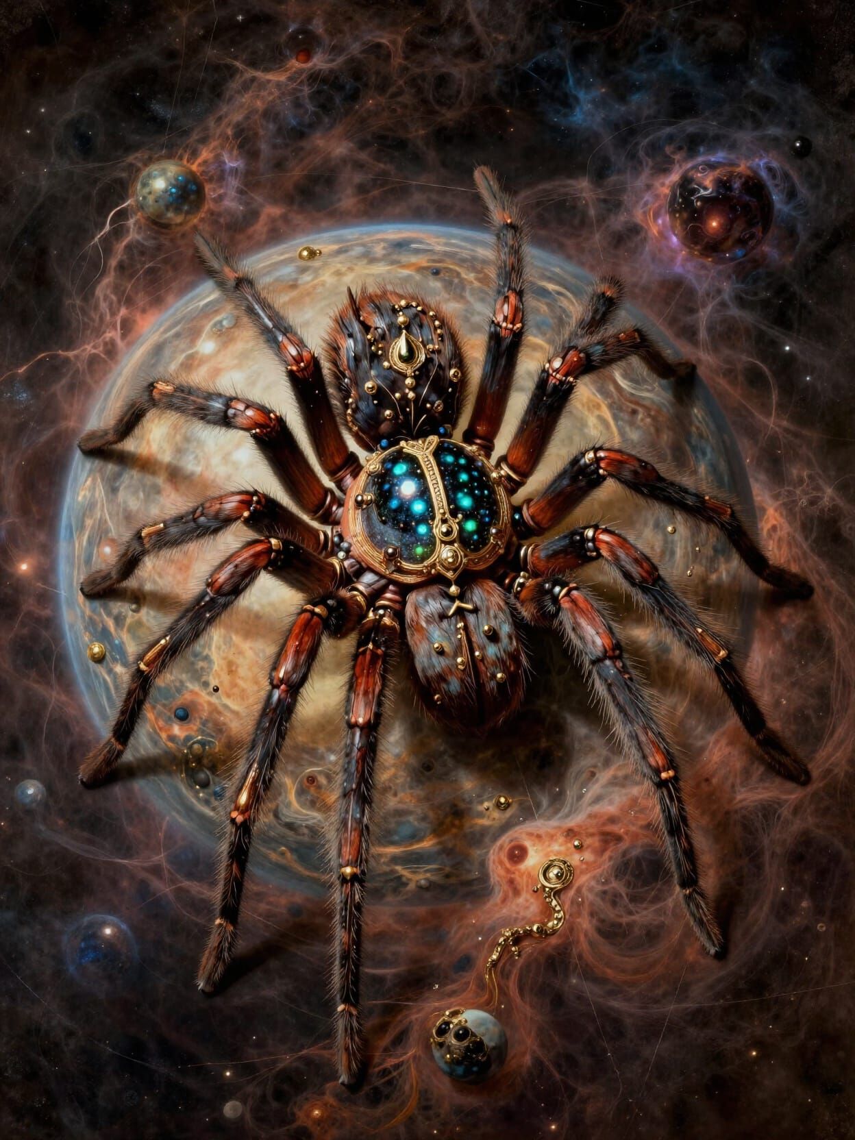 Bioluminescent Spider with Baroque Jewels on Cosmic Planet