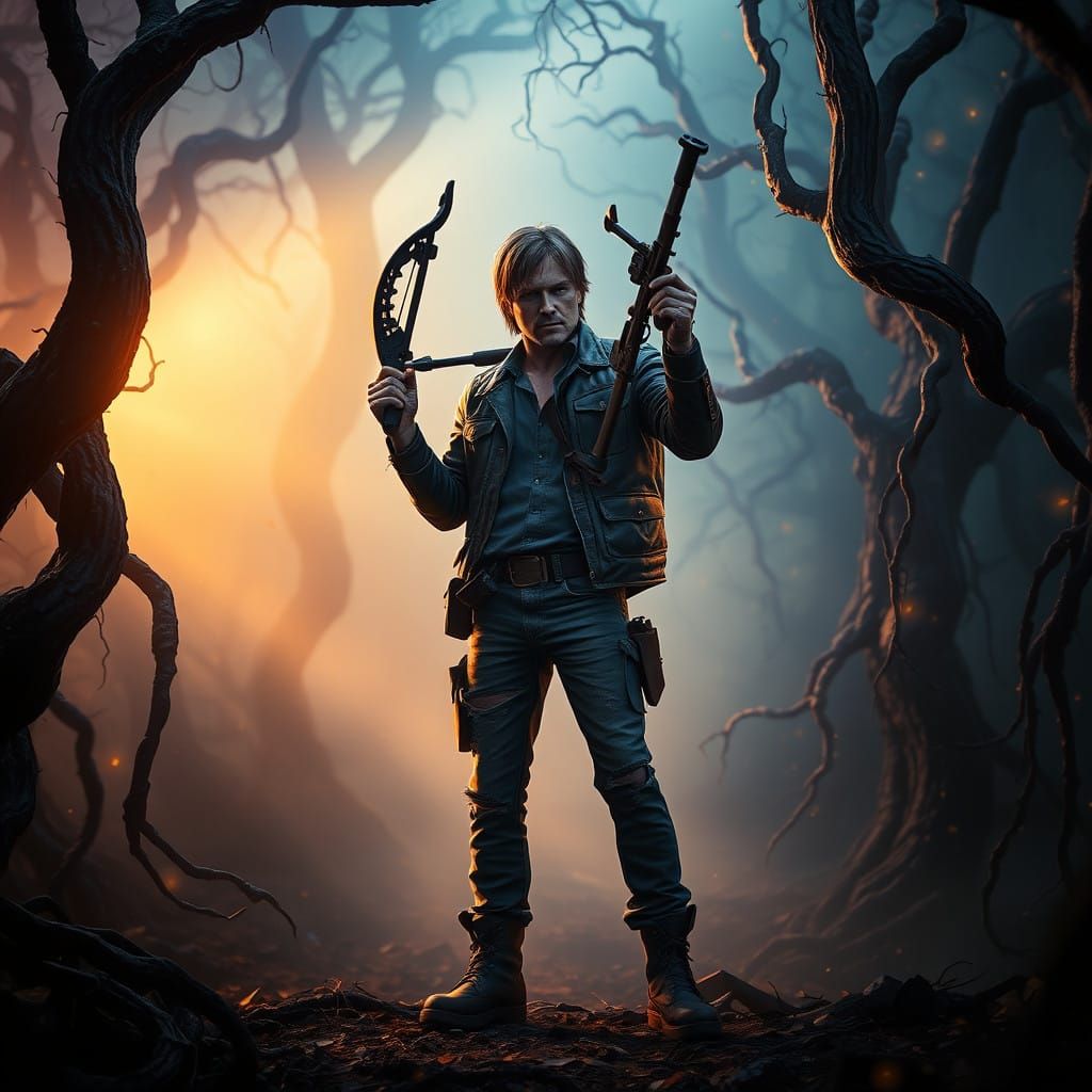 Cyberpunk Hero in Mystical Forest