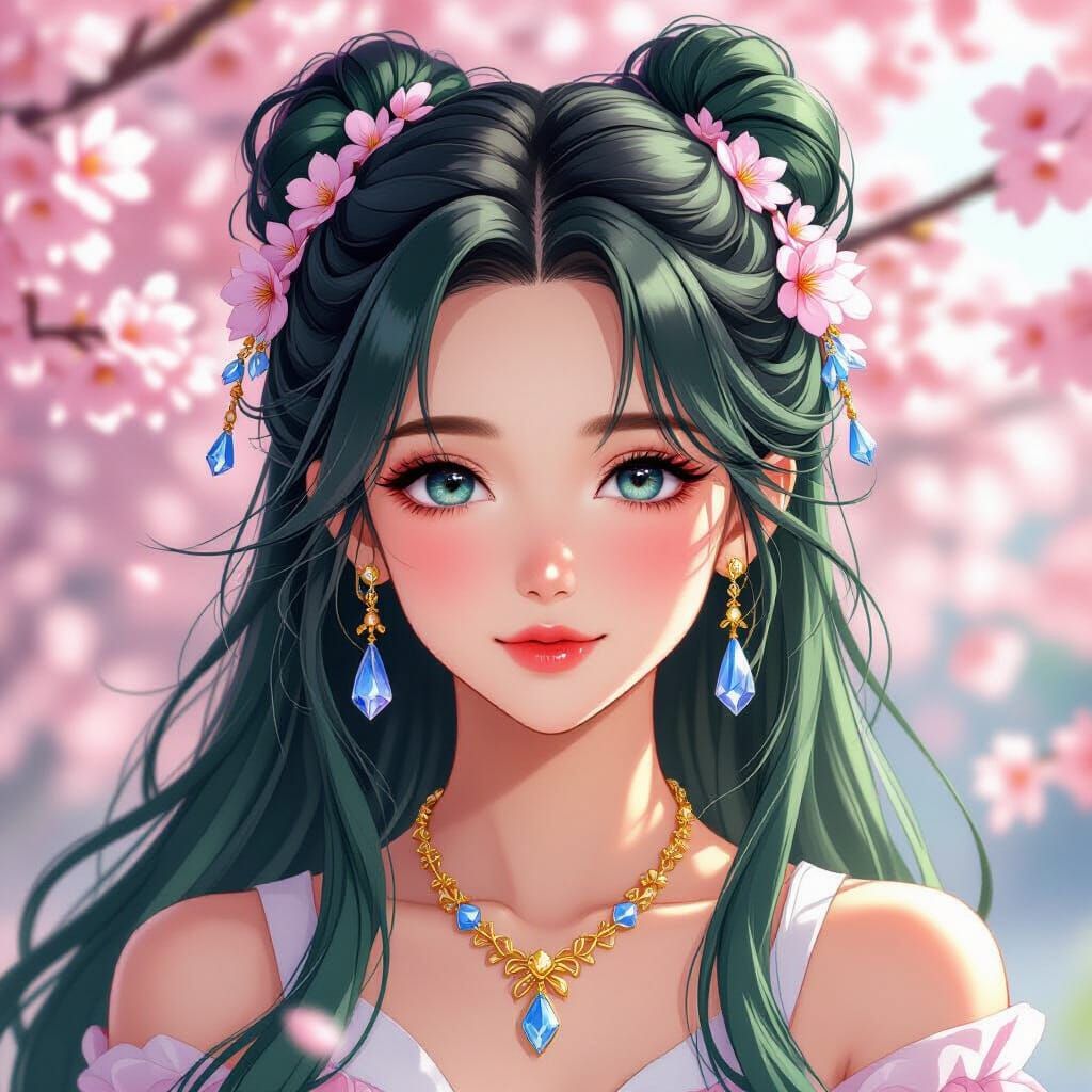 Anime Portrait of Woman with Green Hair and Cherry Blossoms