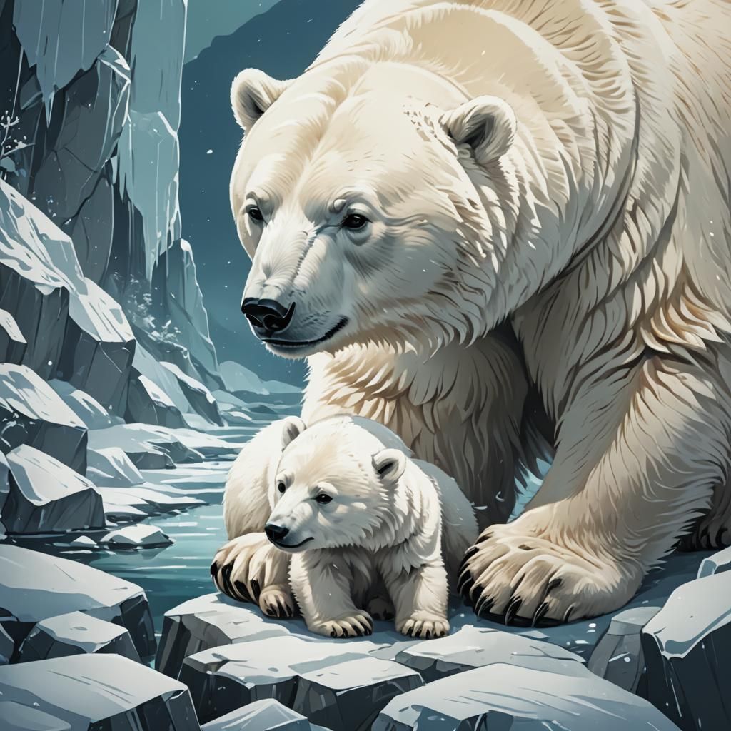 Cute Polar Bear Cub with Mother in Anime Style