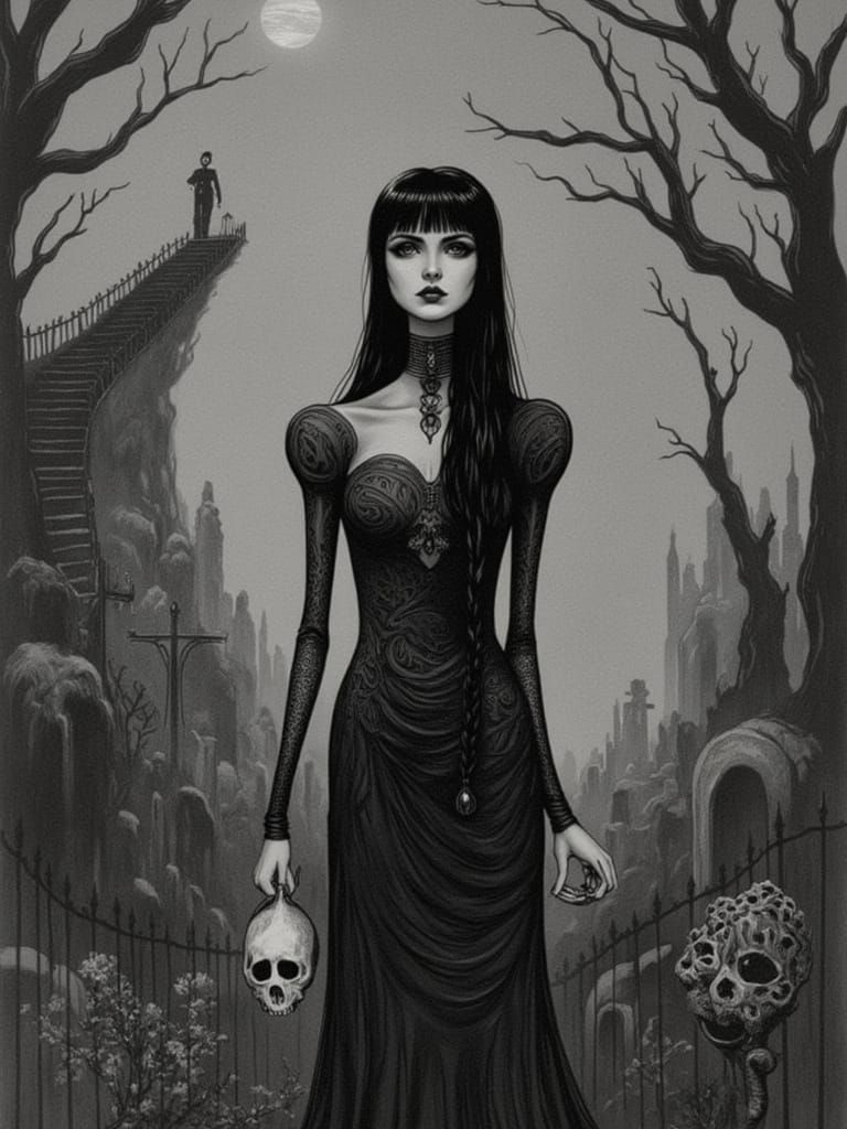 Gothic Woman in Dark Landscape as B-Movie Comic Art
