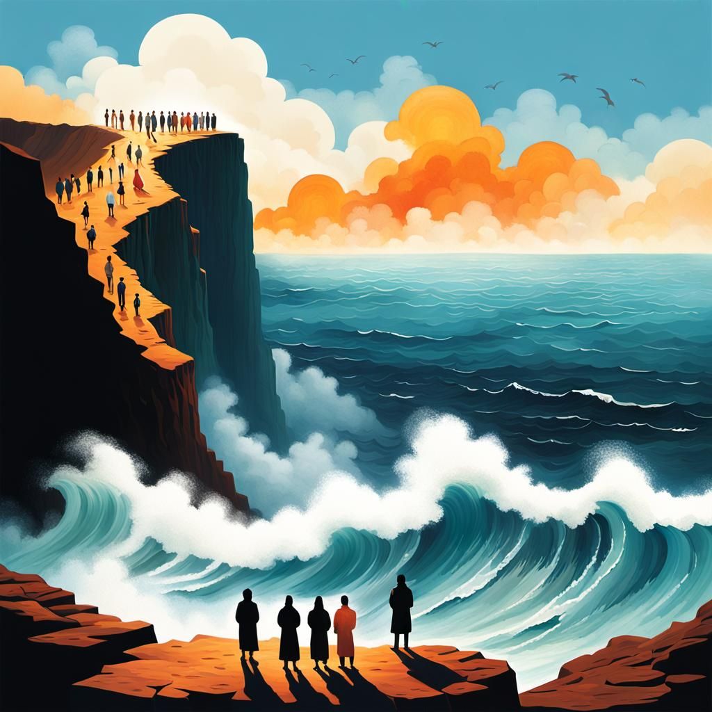 Create a surreal picture showing tiny figures of South Asian...